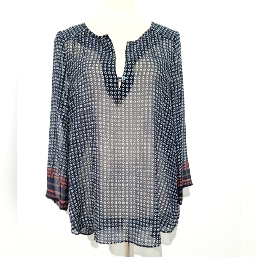 Sanctuary Clothing Woman's Sheer Blouse Top Size M Blue Print Long Sleeves - Picture 2 of 12